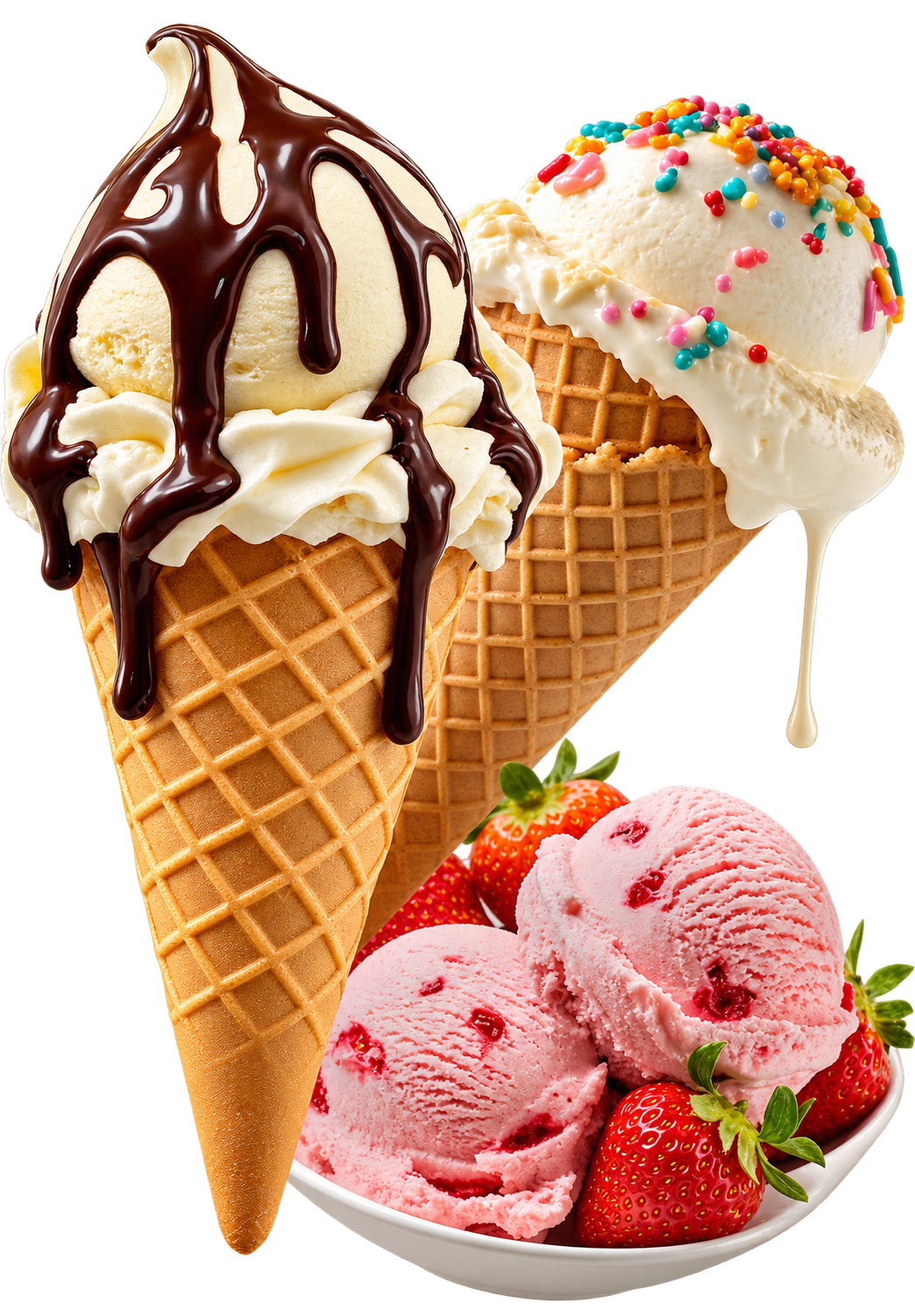 Ice cream cones with chocolate sauce and sprinkles beside strawberry scoops
