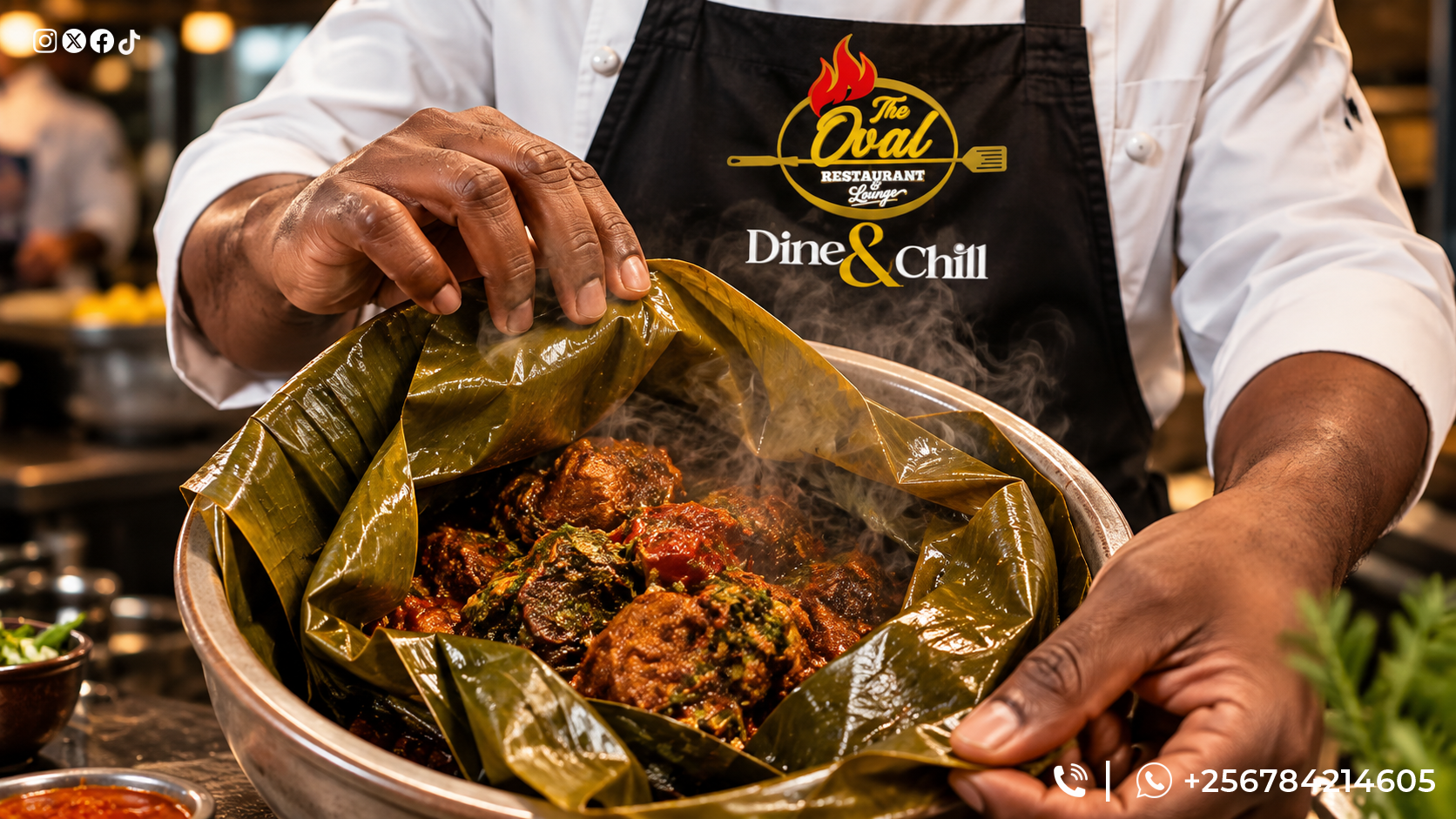 Oval chef presenting a steaming luwombo wrapped in banana leaves
